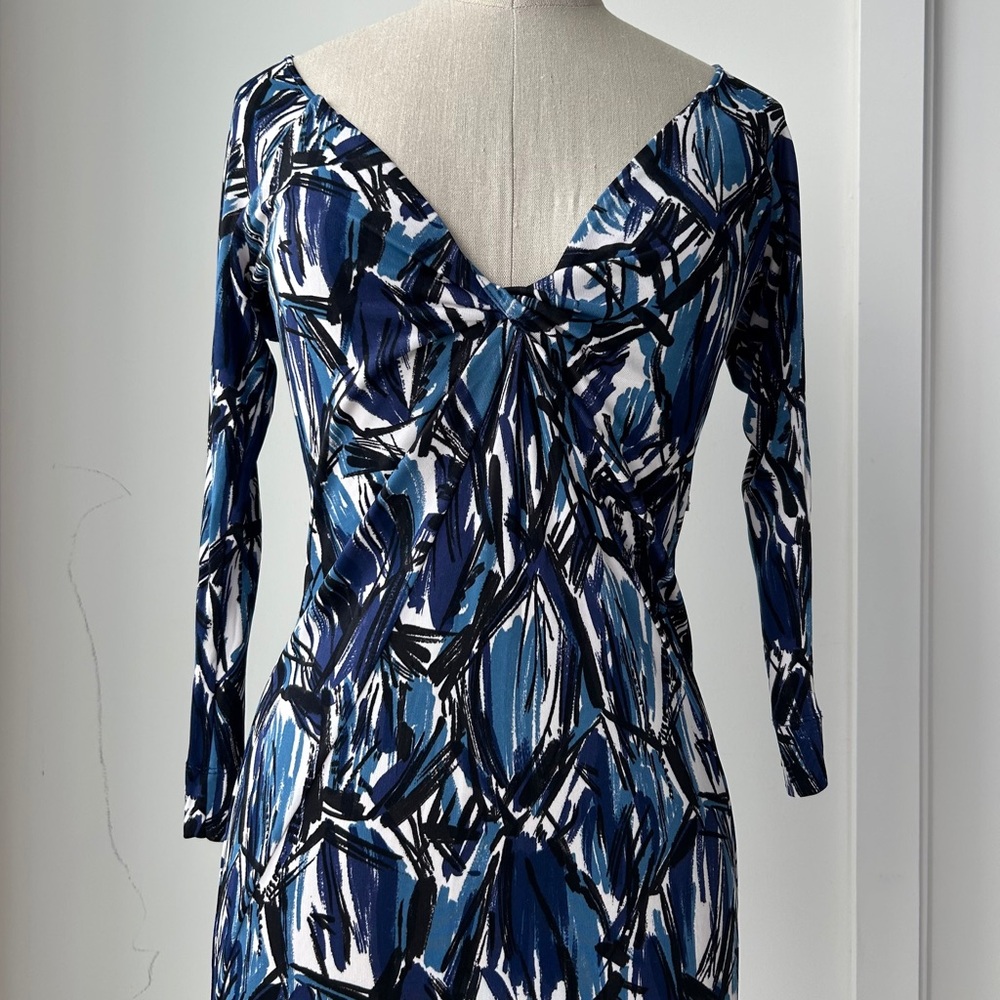 Early 2000s Miss Sixty Diamond Blue Abstract Print V-Neck Dress - Small